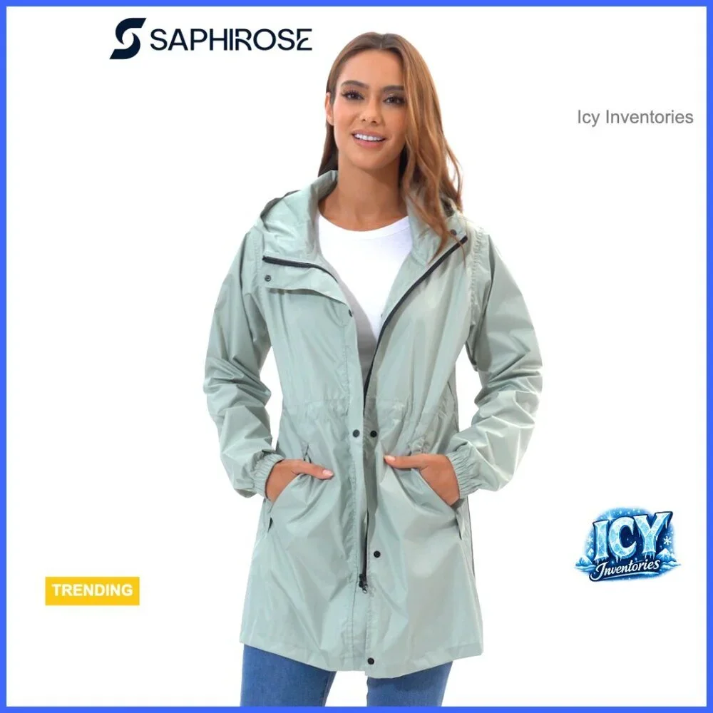 Lightweight Packable Rain Jacket Hooded Trench Coat Polyester